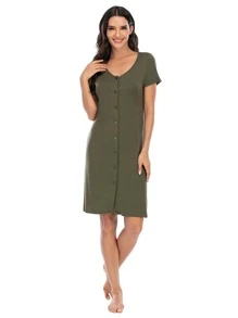 女士舒适短袖纽扣圆领睡衣连衣裙，适合夏季和秋季穿着，透气性好 - 綠色 - 查看 2