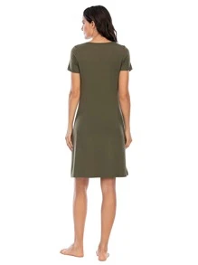 女士舒适短袖纽扣圆领睡衣连衣裙，适合夏季和秋季穿着，透气性好 - 綠色 - 查看 6