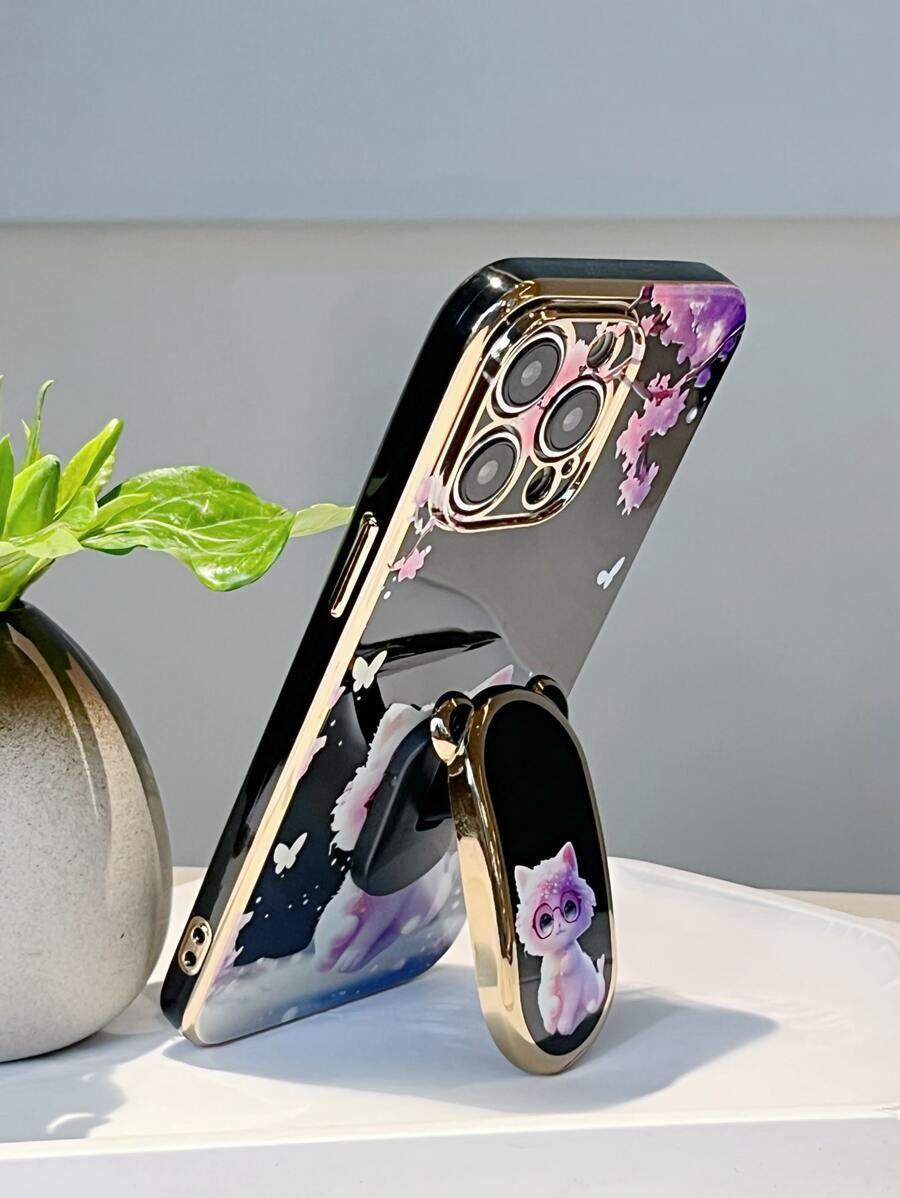 Ốp điện thoại hình quả táo có gương soi, họa tiết hoa và mèo hoạt hình, kèm giá đỡ điện thoại nổi bật, phiên bản quốc tế, không phải phiên bản nội địa. - màu đen - Xem 1