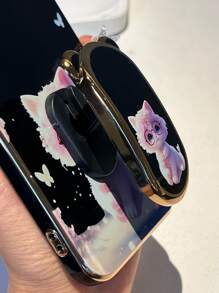 Ốp điện thoại hình quả táo có gương soi, họa tiết hoa và mèo hoạt hình, kèm giá đỡ điện thoại nổi bật, phiên bản quốc tế, không phải phiên bản nội địa. - màu đen - Xem 4