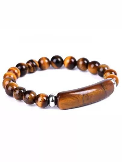 1pc Natural Tiger Eye Stone Bracelet With Rock Bridge Logo