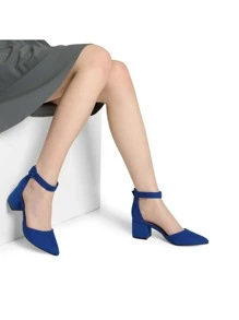 Women Pointed Toe Low Chunky Heels Pumps Ankle Strap Elegant Versatile Simple Shoes - Royal Blue - View 7