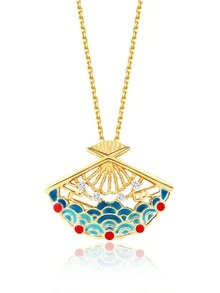 S925銀鍍金琺瑯折扇形狀水波紋吊墜項鍊