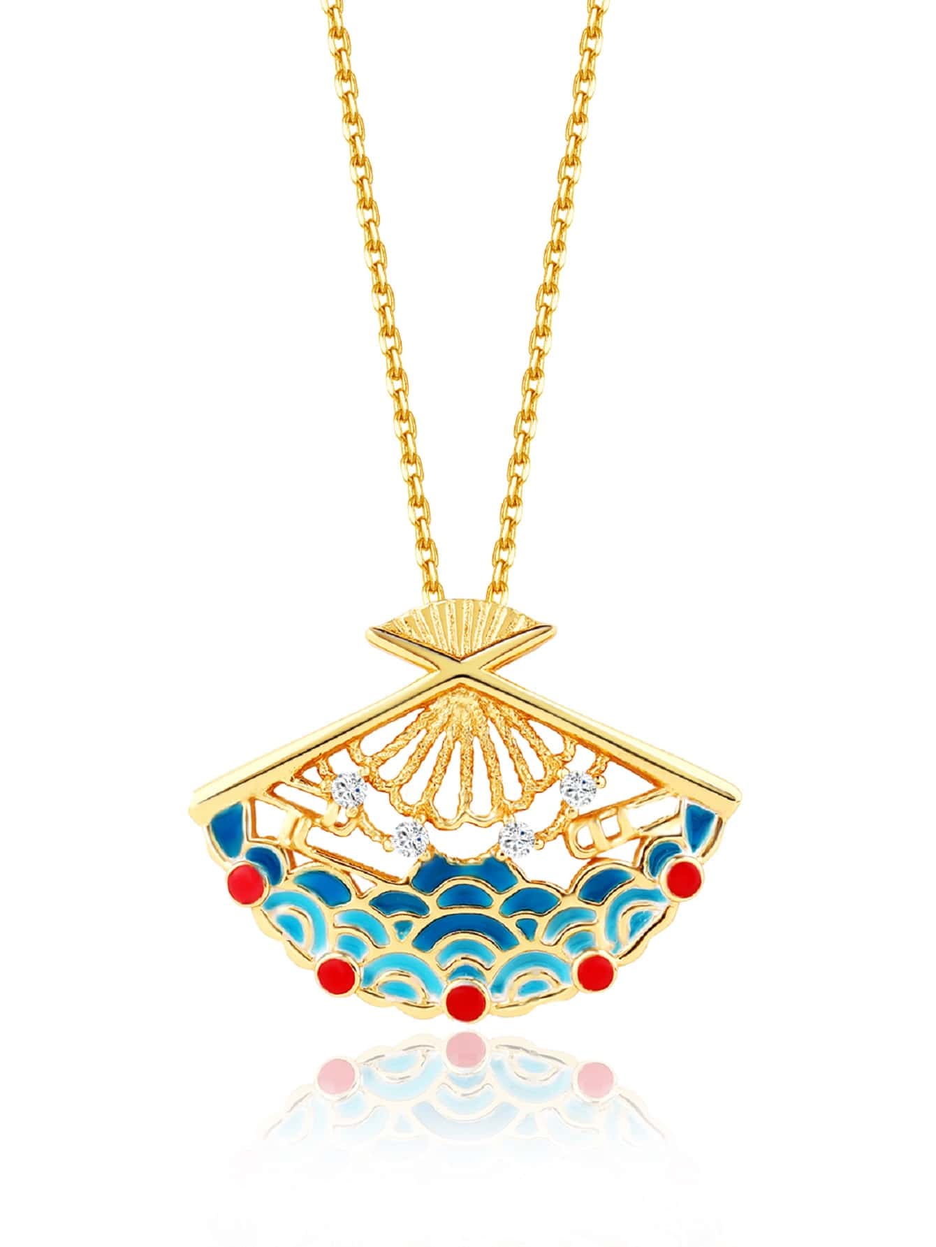 S925銀鍍金琺瑯折扇形狀水波紋吊墜項鍊