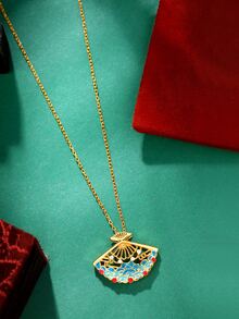 S925銀鍍金琺瑯折扇形狀水波紋吊墜項鍊