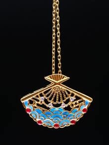 S925銀鍍金琺瑯折扇形狀水波紋吊墜項鍊