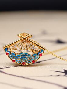 S925銀鍍金琺瑯折扇形狀水波紋吊墜項鍊