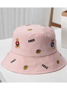 1pc Sunscreen Solid Color Cute Bear Breathable Bucket Hat For Women Daily Wear - Pink - View 1
