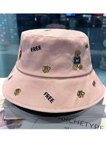 1pc Sunscreen Solid Color Cute Bear Breathable Bucket Hat For Women Daily Wear - Pink - View 2