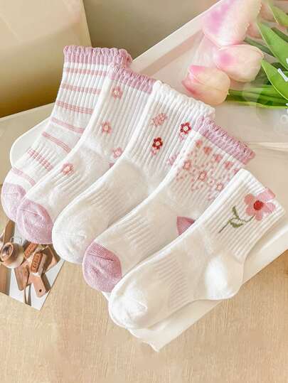 5 Pairs Girls Cute Floral Lace Trim Socks, Fashionable, Suitable For Autumn/Winter, Fits Ages 6-12 Months, 1-2 Years, 2-3 Years, 3-8 Years