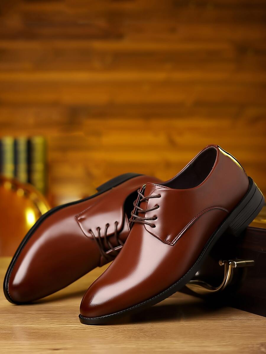 男士商務正式皮鞋，尖頭英式增高婚禮鞋 - 棕色 - 查看 1