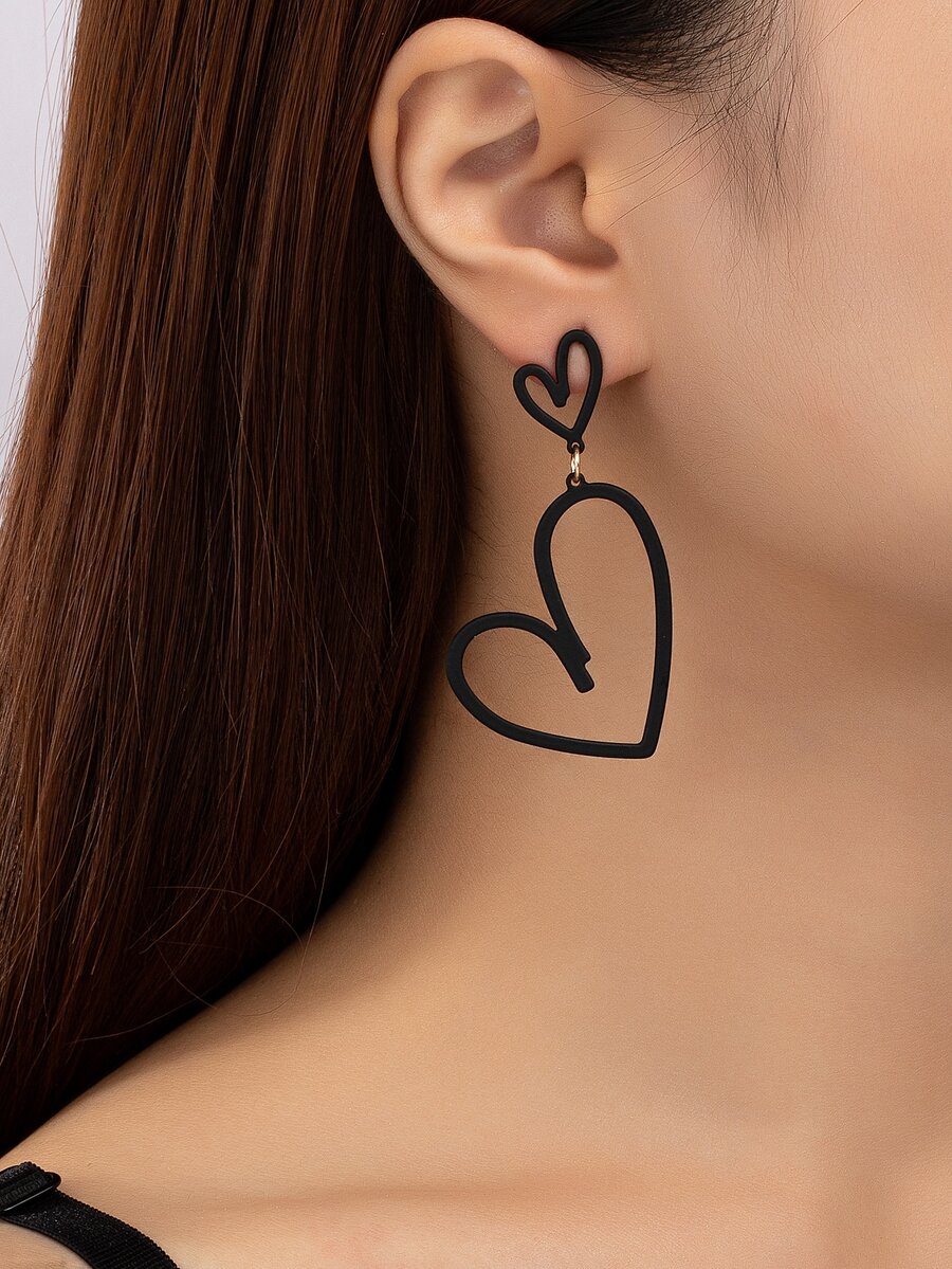 1雙心形幾何耳環 - 黑色 - 查看 1