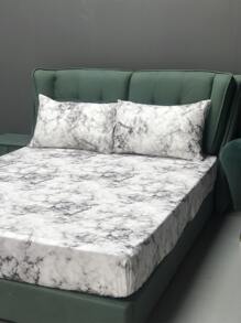 3入組白色大理石紋理聚酯纖維床單套裝,包含1張床單、1個枕頭套和2個床墊套,適用於四季,可機洗和乾洗 - 白色 - 查看 3