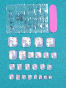 24 piezas/set margaritas decorado nacarado cobertura total Kit de arte de uñas para dedo de pie Uñas , adecuado para mujeres con Chicas , con gelatina gel con Lima de uña - Rosa Pálido - Ver 2