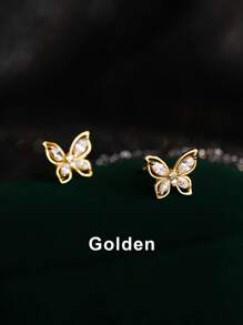 1雙時尚蝴蝶設計方晶鋯石裝飾999純銀耳釘,合適的適用於女性日常穿著