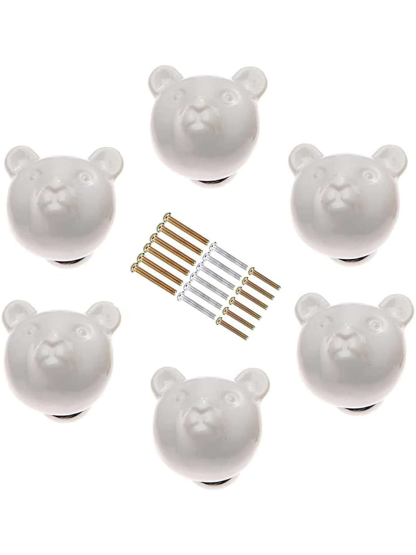 6pcs/set Creative Ceramic Teddy Bear Shaped Cabinet Drawer Knobs, White - White - View 1