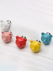 6pcs/set Creative Ceramic Teddy Bear Shaped Cabinet Drawer Knobs, White - White - View 4