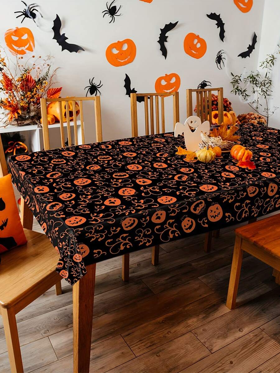 1pc Halloween Theme Waterproof PE Tablecloth, Party Dining Table Decoration Background,Christmas - Orange - View 1
