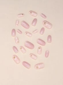 24入組短橢圓形時尚珍珠閃爍花星設計人造指甲，含1入甲片，1入果凍膠即貼指甲美甲用品 - 彩色 - 查看 2