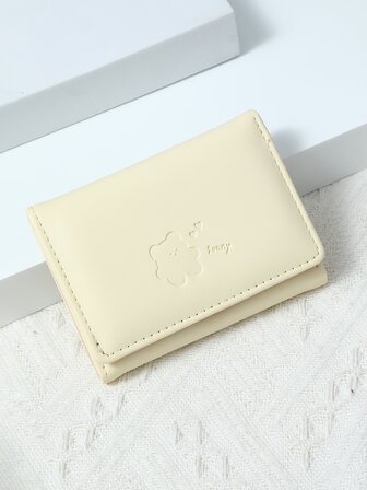 1入組立體印花可愛卡通熊、心形、字母紋理圓扣pu皮固色三折短式女生學生錢包