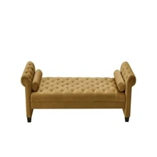Velvet Rectangular Sofa Bench with Attached Cylindrical Pillows, Solid Wood Legs - màu nâu - Xem 4