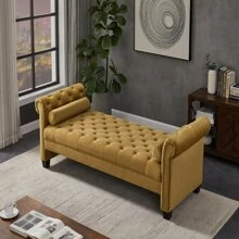 Velvet Rectangular Sofa Bench with Attached Cylindrical Pillows, Solid Wood Legs - màu nâu - Xem 3