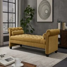 Velvet Rectangular Sofa Bench with Attached Cylindrical Pillows, Solid Wood Legs - màu nâu - Xem 2