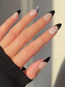 VV MEI JIA ER 按压式指甲中长款自然裸色底色蜘蛛网和黑色法式设计假指甲杏仁形全覆盖假指甲适合女士和女孩派对指甲装饰 24 件 + 1 片胶带 + 1 个指甲锉 - 黑色 - 查看 1