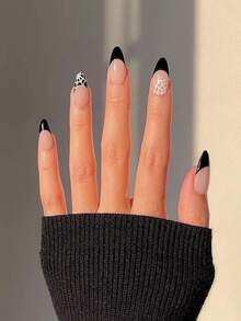 VV MEI JIA ER 按压式指甲中长款自然裸色底色蜘蛛网和黑色法式设计假指甲杏仁形全覆盖假指甲适合女士和女孩派对指甲装饰 24 件 + 1 片胶带 + 1 个指甲锉 - 黑色 - 查看 2