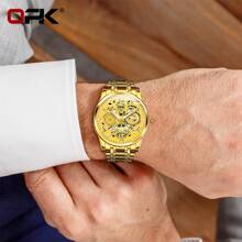 1pc Opk Men's Stainless Steel Strap Genuine Quartz Wristwatch, Waterproof, Luminous, With Date Display - Gold - View 8