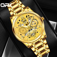 1pc Opk Men's Stainless Steel Strap Genuine Quartz Wristwatch, Waterproof, Luminous, With Date Display - Gold - View 2