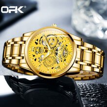 1pc Opk Men's Stainless Steel Strap Genuine Quartz Wristwatch, Waterproof, Luminous, With Date Display - Gold - View 4
