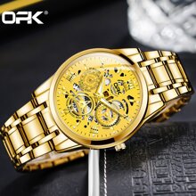 1pc Opk Men's Stainless Steel Strap Genuine Quartz Wristwatch, Waterproof, Luminous, With Date Display - Gold - View 3