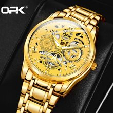 1pc Opk Men's Stainless Steel Strap Genuine Quartz Wristwatch, Waterproof, Luminous, With Date Display - Gold - View 5