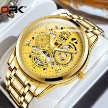 1pc Opk Men's Stainless Steel Strap Genuine Quartz Wristwatch, Waterproof, Luminous, With Date Display - Gold - View 6