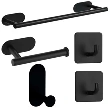 5pcs/Set No-Drill Bathroom Accessories Kit, Stainless Steel Bathroom Hardware Set, Including Towel Bar, Wall Mounted Towel Holder, Toilet Paper Holder, Wall Hooks, Robe Hooks Bathroom Accessories Bathroom Tools - Black - View 2