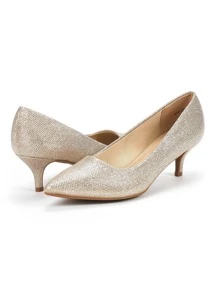 Women's Low Stiletto Heel Pointed Toe Court Pumps, Elegant Fashion Solid Color Shoes - 金色 - 查看 7