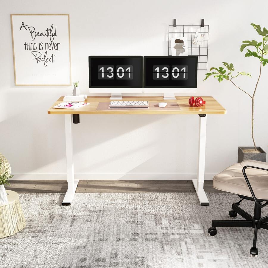 FlexiSpot 55x28 Inches Home Office Standing Desk Whole-Piece Desk Board Height Adjustable Computer Desk - Maple Top + Khung trắng - Xem 1