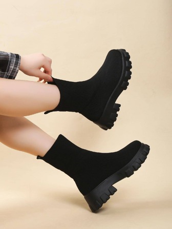 Estilo de zapatos de mujer tipo botas de calceta elásticas aptas para uso con vestidos, con suela gruesa, tacón de cuña, de punto, hilo de costura, de unicolor, cómodos, casuales, de uso diario, antideslizantes, para exteriores, fiestas, de moda, para invierno, cómodos