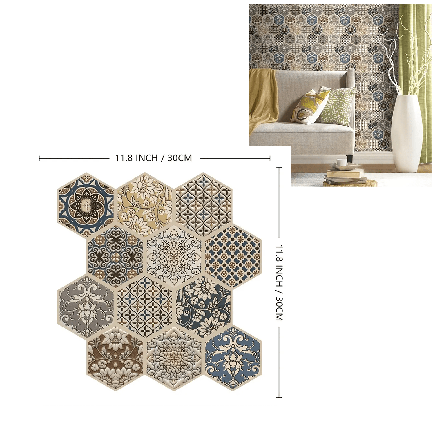 1/10 Sheet, 3D Bohemian Peel, 3D Wall Panels Peel and Stick, Hexagon