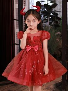 Halloween Costumes For Young Girl, Vampire, Witch, Ghost Cosplay Role Play Formal Long Dress, 2023 - Red - View 3