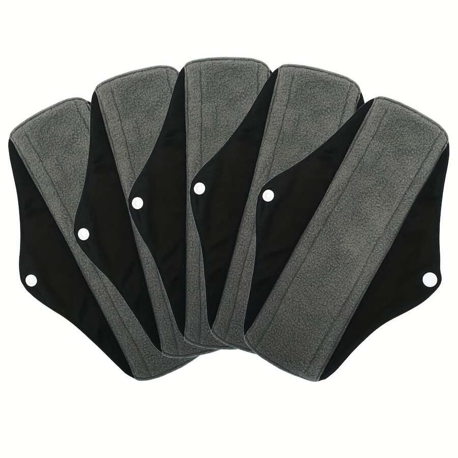 5 Packs Overnight Long Reusable Sanitary Napkins Soft Washable Charcoal Bamboo Menstrual Pads Light Bladder Support Incontinence Pads Heavy Flow Pads Black Patch