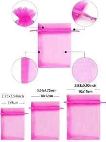 50入組歐根紗禮品袋,素色糖果巧克力包裝袋,抽繩網紗包,適用於化妝品,首飾包裝,合適的適用於生日,婚禮,派對 - 玫紅色 - 查看 3