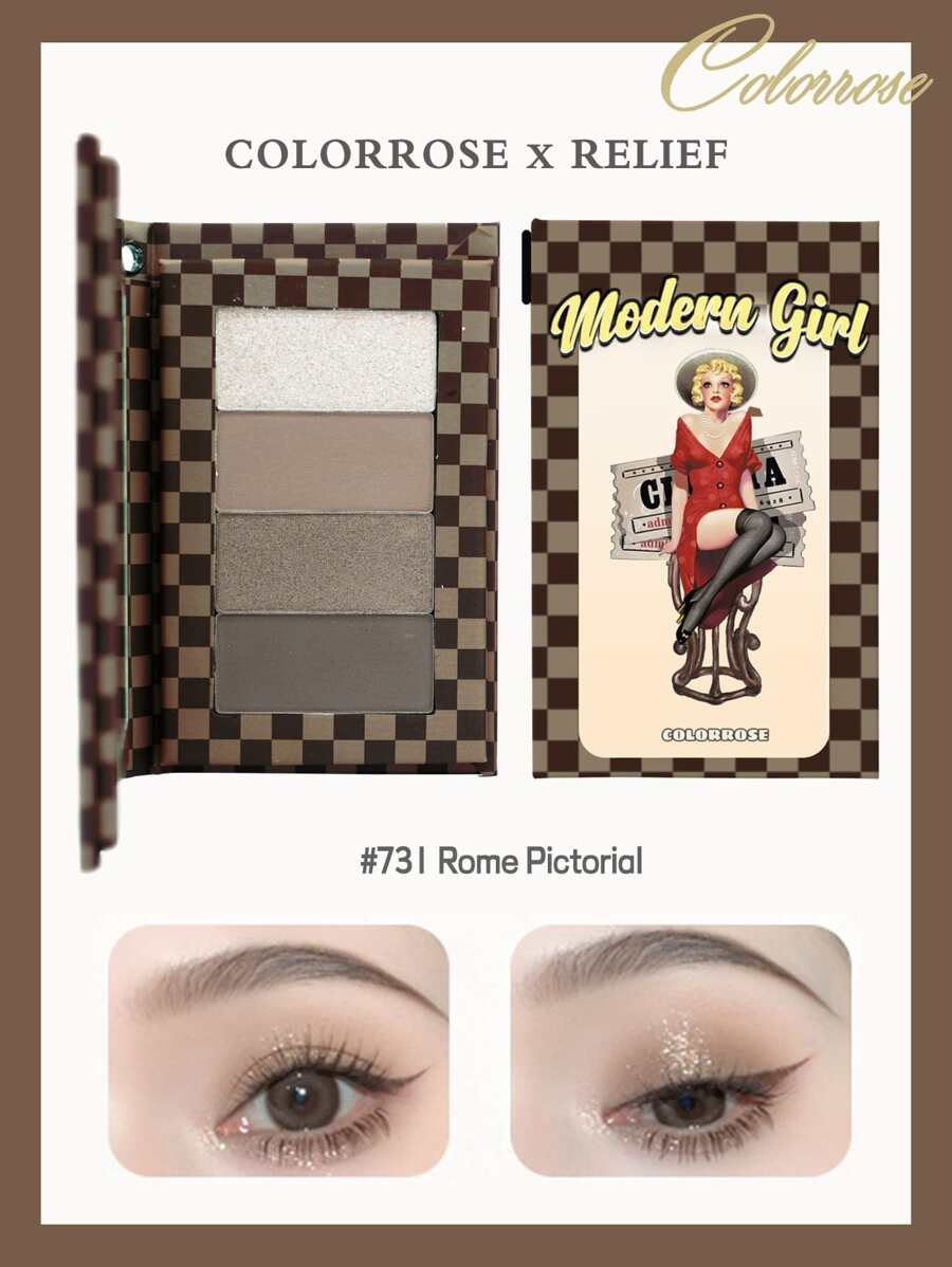 COLORROSE Matte & Pearl Smooth Powder Eyeshadow Palette, Makeup Palette, High Color Payoff, Long-Lasting Matte & Shimmer Eyeshadows, Lightweight & Silky, With Mirror, Retro Cover, Modern Girl Pattern - 731 Rome Pictorial - View 1