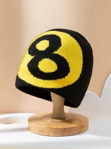 1入女士黑色和黃色8號印花簡約時尚學院風溫暖針織無邊帽,適合日常穿搭 - 彩色 - 查看 1