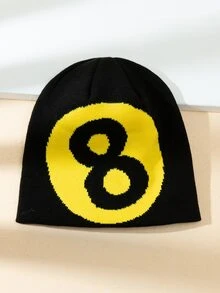 1入女士黑色和黃色8號印花簡約時尚學院風溫暖針織無邊帽,適合日常穿搭 - 彩色 - 查看 2