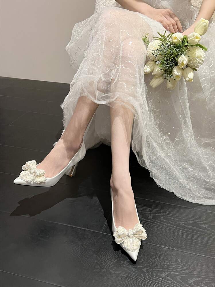 francese nuziale Scarpe , bianco principale Abito da sposa sposa Scarpe con  perla \u0026 con fiocco Decorazioni , Tacchi alti , Scarpe | SHEIN ITALIA