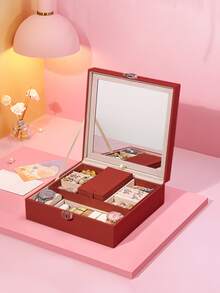 1個豪華大型正方形珠寶盒,附帶旅行小盒子,女士首飾項鍊戒指耳環手錶收納盒 - 紅色 - 查看 2