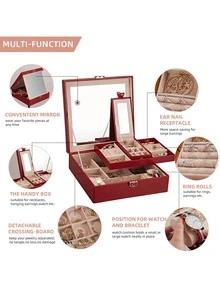 1個豪華大型正方形珠寶盒,附帶旅行小盒子,女士首飾項鍊戒指耳環手錶收納盒 - 紅色 - 查看 6