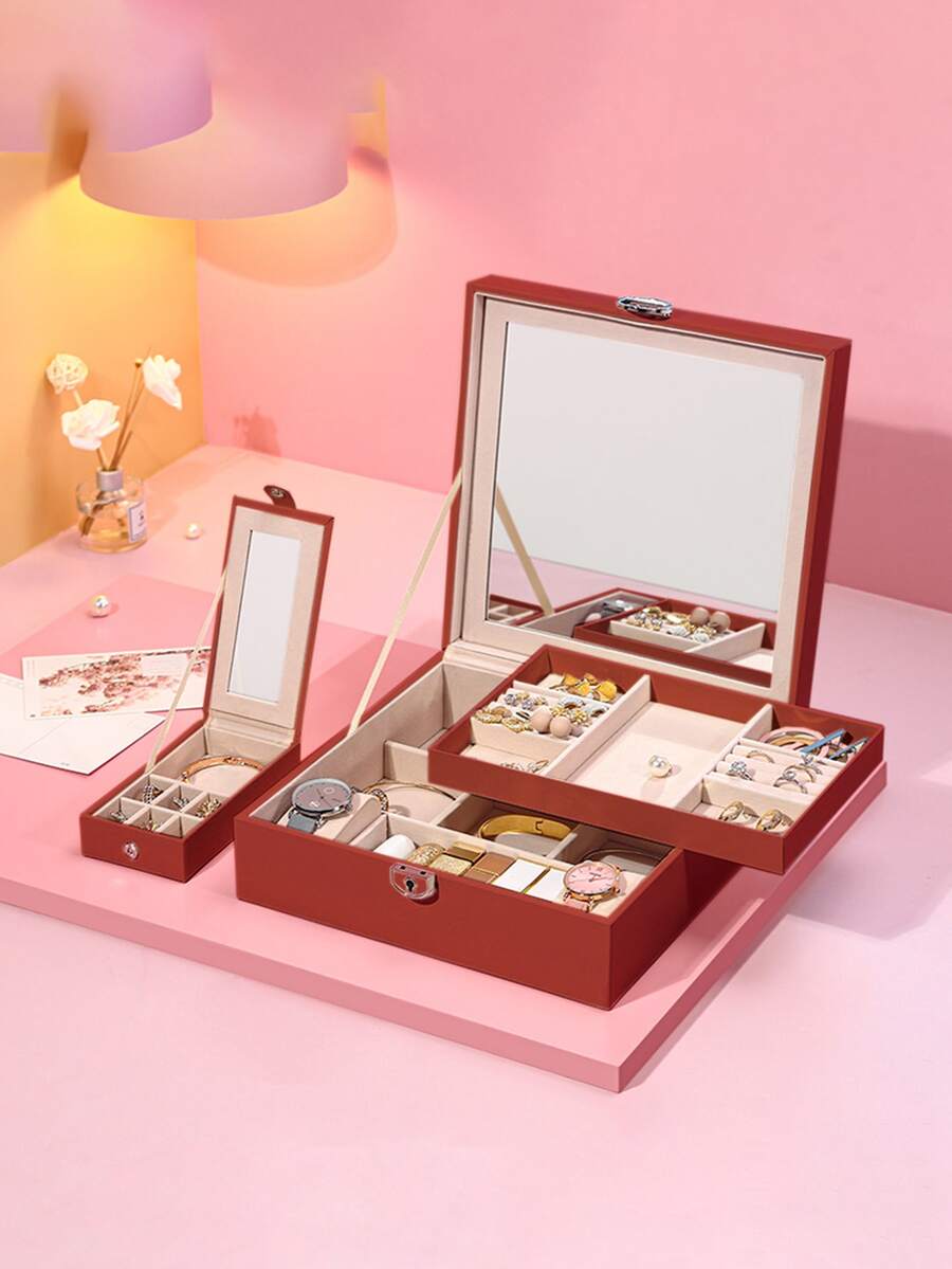 1個豪華大型正方形珠寶盒,附帶旅行小盒子,女士首飾項鍊戒指耳環手錶收納盒 - 紅色 - 查看 1